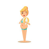 Winking Pregnant Woman Holding Beachball. Vector Illustration