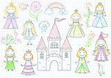 Set of vector sketches with happy little princesses