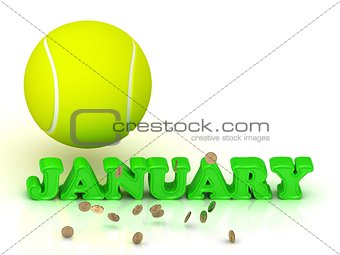 JANUARY- bright green letters, tennis ball, gold money 
