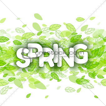 White spring sign over green leaves