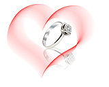 Ring on the hearts in red chiffon ribbons background
