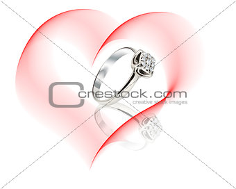 Ring on the hearts in red chiffon ribbons background