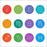 Zodiac signs. Flat thin set of simple round zodiac icons on color background - for web and print. Horoscope Signs. 