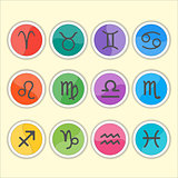 Zodiac signs. Flat thin set of simple round zodiac icons on color background - for web and print. Horoscope Signs.
