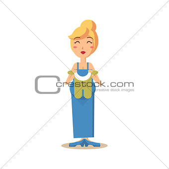 Happy Pregnant Woman Holding Child Clothes. Vector Illustration