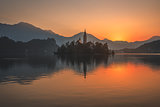 An Island with Church in Bled Lake, Slovenia at Sunrise