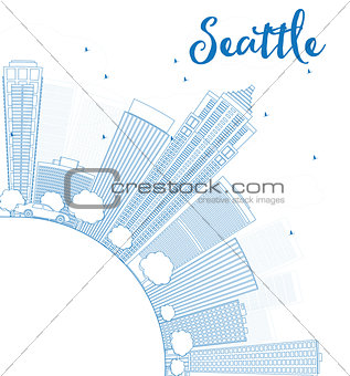 Outline Seattle City Skyline with Blue Buildings and copy space