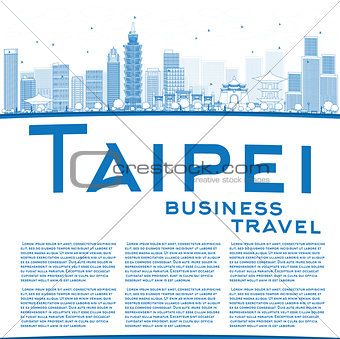 Outline Taipei skyline with blue landmarks and copy space