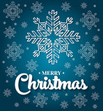 Christmas card with white snowflakes on blue background. 