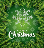 Christmas card with white snowflakes on green background