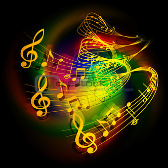 illustration of musical background waves musical notes on a colored background.