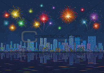 Night city landscape with fireworks, seamless