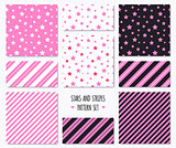 Set of pink patterns with stars and stripes