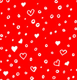 Hand drawn seamless doodle pattern with irregular hearts, sircles and spots
