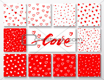 Set of red and white patterns with hearts for Valentines Day