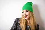 Hipster Girl in Beanie Hat on White Background