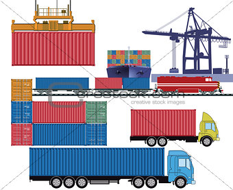 Containers by truck and container ship