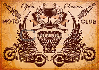 grunge poster with vintage motorcycle and accessories for opening of season