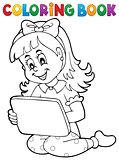 Coloring book girl playing with tablet
