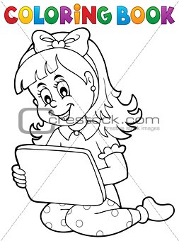 Coloring book girl playing with tablet