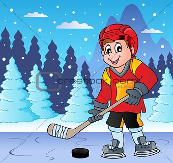 Ice hockey player on frozen lake