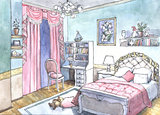 bedroom design of watercolor painting
