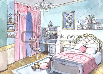 bedroom design of watercolor painting