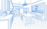 Blue Custom Kitchen Design Drawing on White
