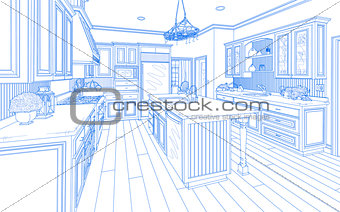 Blue Custom Kitchen Design Drawing on White