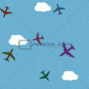 Cartoon airplane path seamless pattern