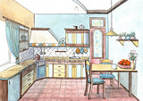 Interior of a kitchen in watercolor