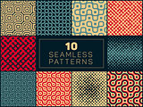 Set of Ten Vector Seamless Wavy Lines Truchet Irregular Halftone Patterns In Red Tan and Navy Colors