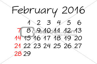 February Year 2016 Calendar Handwritten