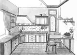Interior of a kitchen in watercolor