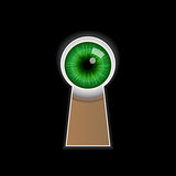Cartoon green eye peeping through the keyhole.