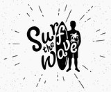 Retro grunge black and white illustration of surfer with surfboard