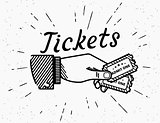 Retro grunge illustration of human hand with two tickets