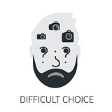 Confused man is choosing a camera