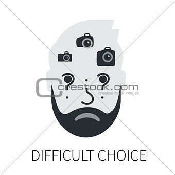 Confused man is choosing a camera