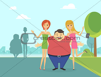 Fat man with his thin girlfriends in the park