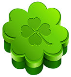 Green closed gift box shape of quatrefoil leaf clover. Lucky clover leaves