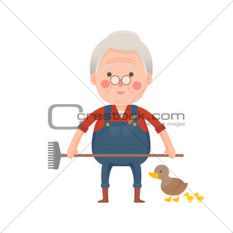 Senior Farmer with Ducks, Cartoon Character
