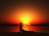 3D female against sunset sky in yoga pose