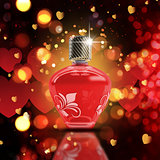 Valentine's Day bokeh lights background with 3D perfume bottle