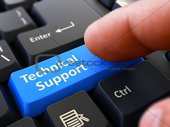 Finger Presses Blue Keyboard Button Technical Support.