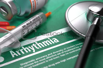 Arrhythmia. Medical Concept on Green Background.
