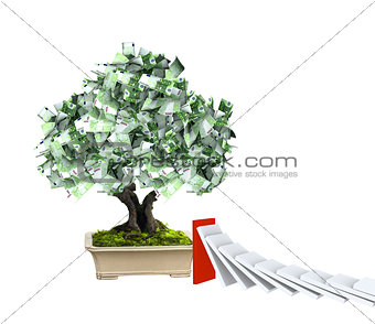 Money tree with euro banknotes and domino effect