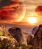 Fantastic landscape with planet, mountains, sunset