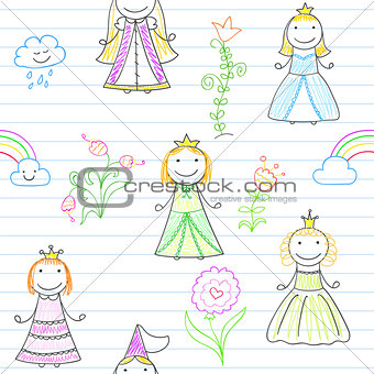 Seamless background with happy little princesses