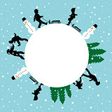 Winter round card with silhouettes of children playing
